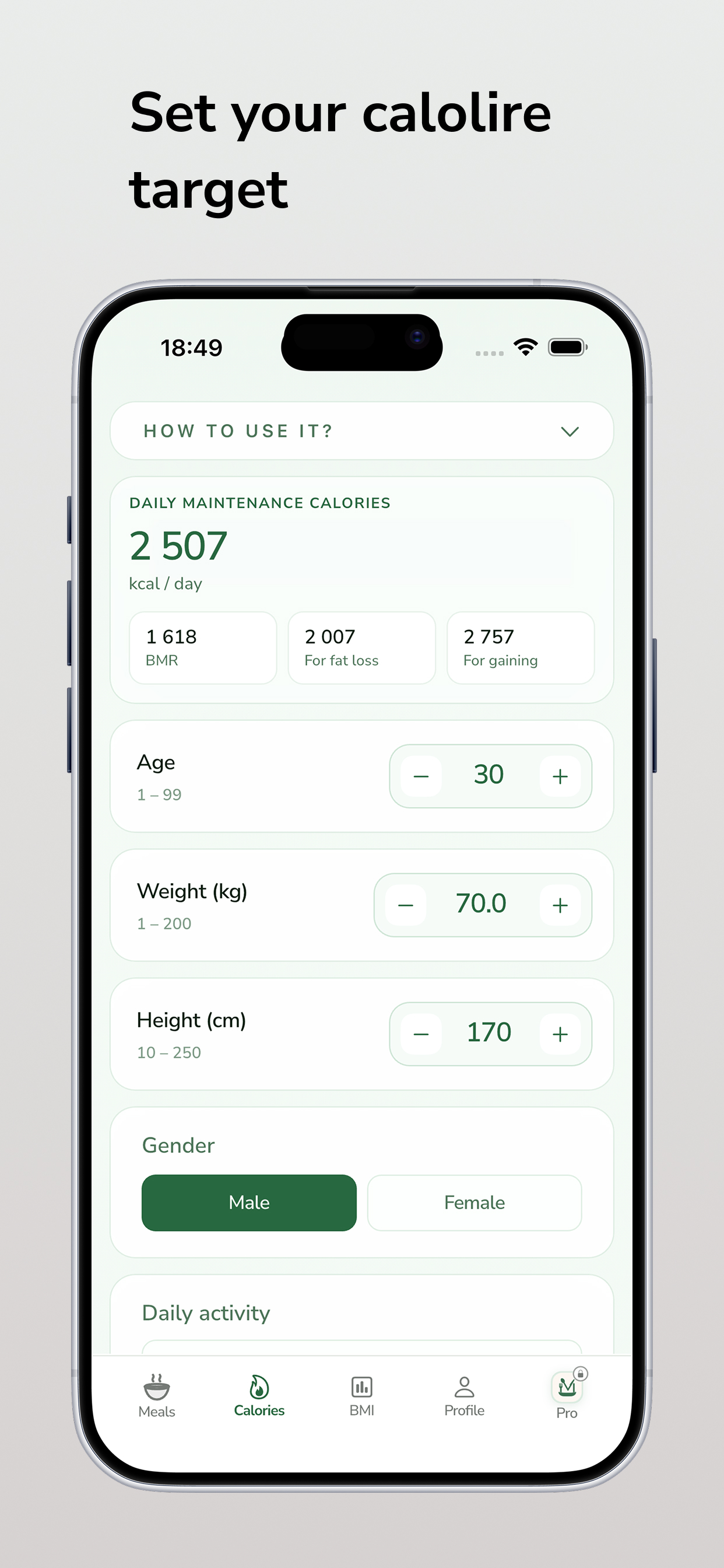 Calorie target calculator in Mealful
