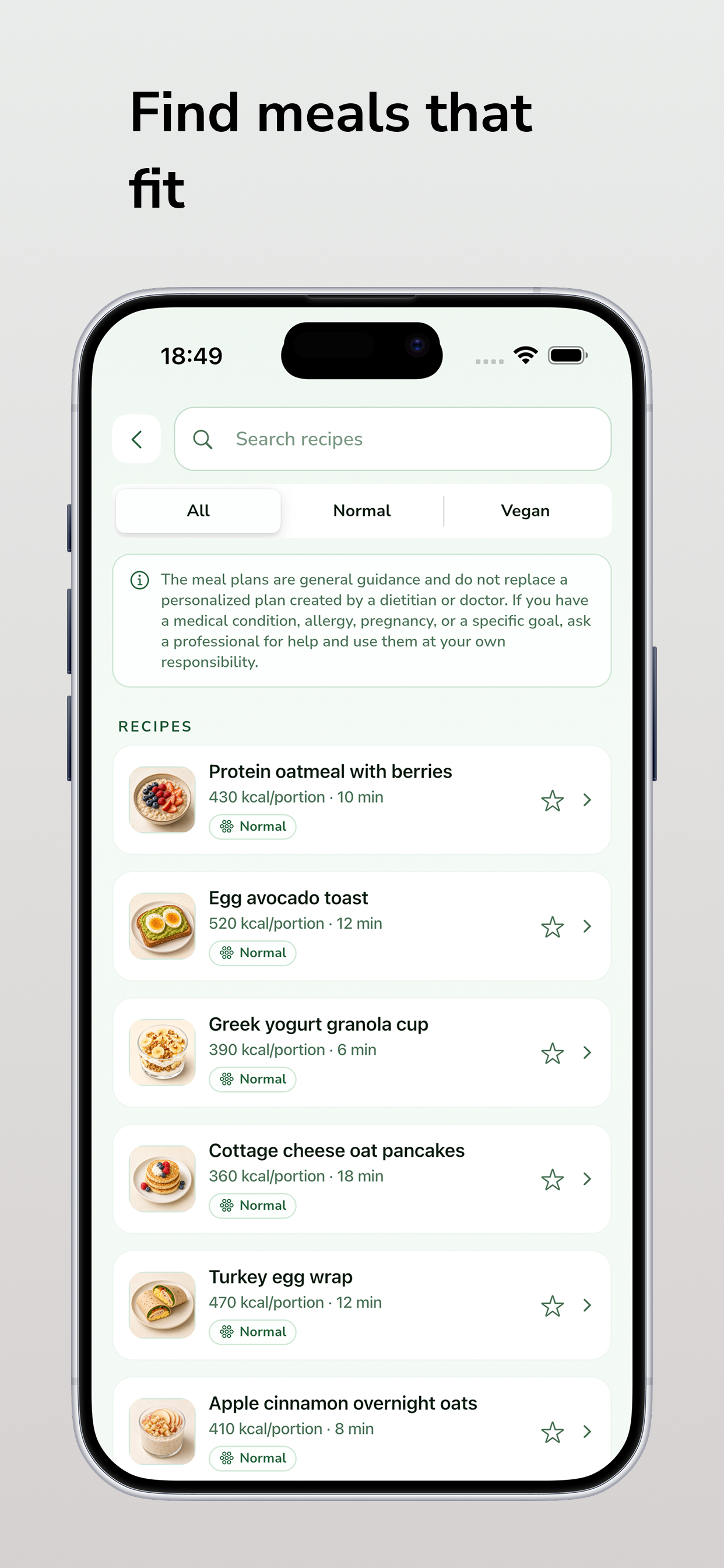 Mealful recipe browsing screen